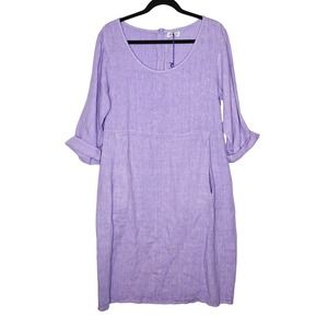 100% Lino Lavender Purple 100% Linen Tunic Dress O/S Fits Large 3/4 Sleeve Italy